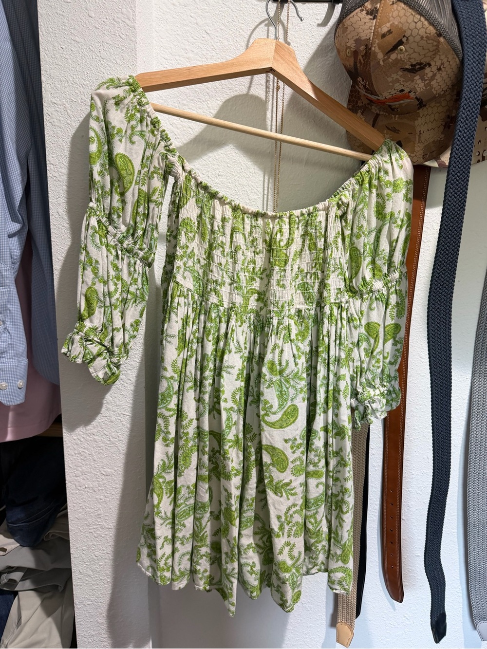 Misa Los Angeles Green Paisley Off-Shoulder Smocked Mini Dress
